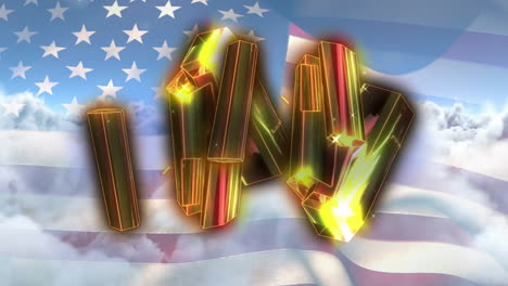 Glowing geometric shapes with animation over American flag and clouds in sky