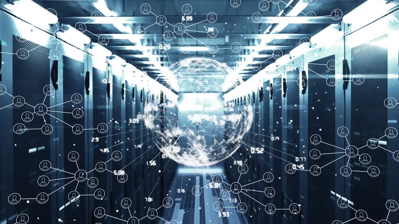 Animation of network of connections with people icons over computer servers and globe