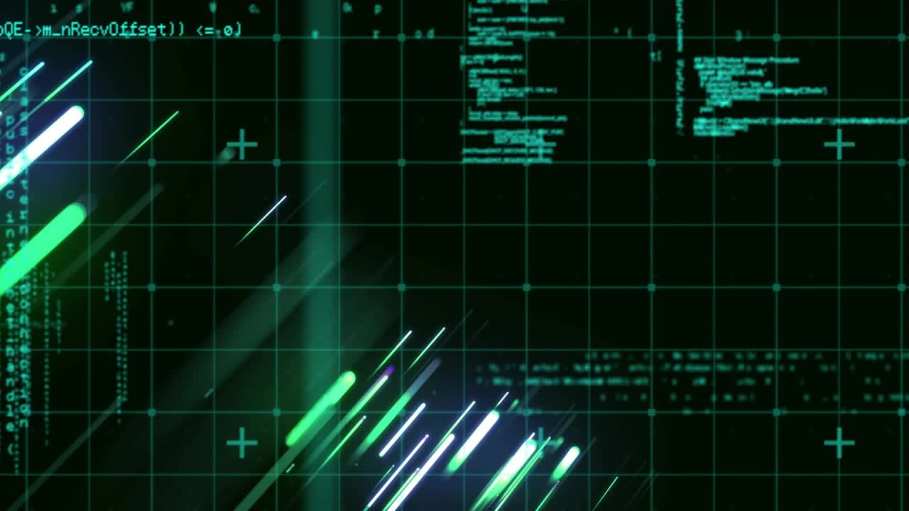 Neon streaks surging upward pulsing color shifts while code panels scrolling for data flow display