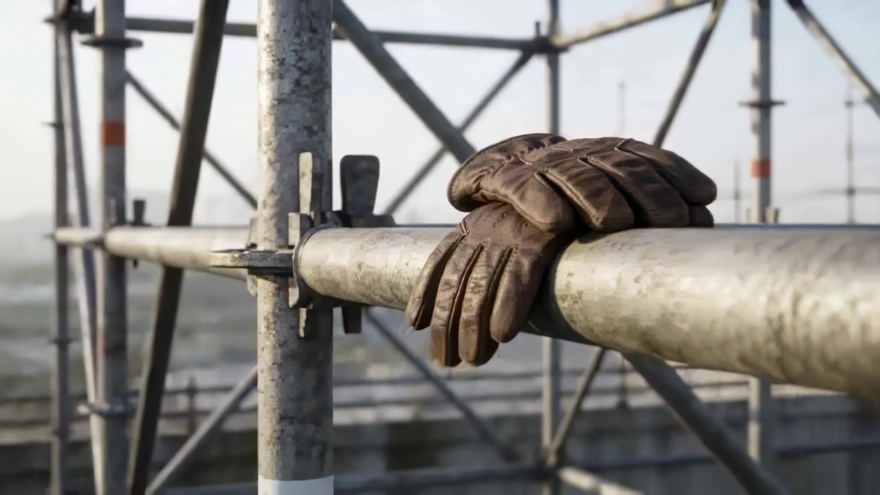 Camera pulling back revealing brown gloves on scaffold tube, showing unattended gear, copy space
