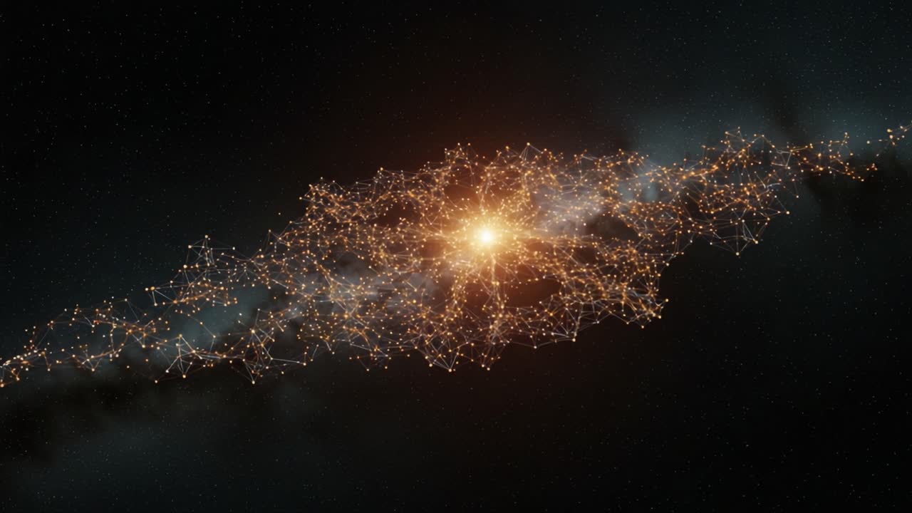 A Stunning Celestial Overview of a Distant Galaxial Structure Awash with Brilliant Light and Cosmic Connectivity, Capturing the Essence of Interstellar Beauty and Complexity