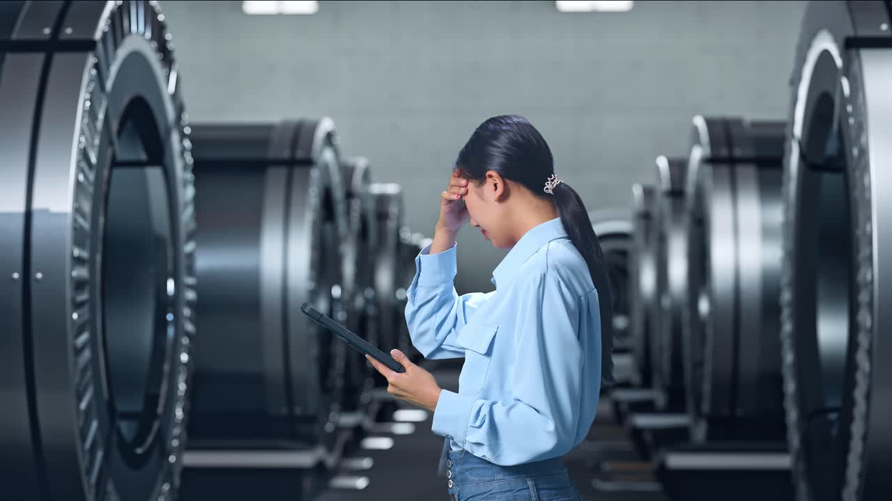 아시아 여성 전문 노동자가 금속 공장, 하이테크 산업 시설에서 태블릿을 들고 서서, 실망하고 머리를 흔들며 확인합니다.