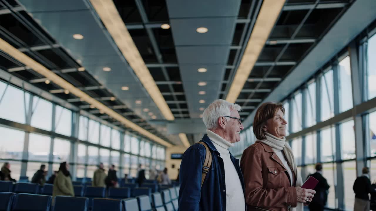 A candid video captures an elderly couple walking through an airport terminal