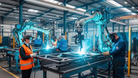 industrial welding with robotic arms and human workers