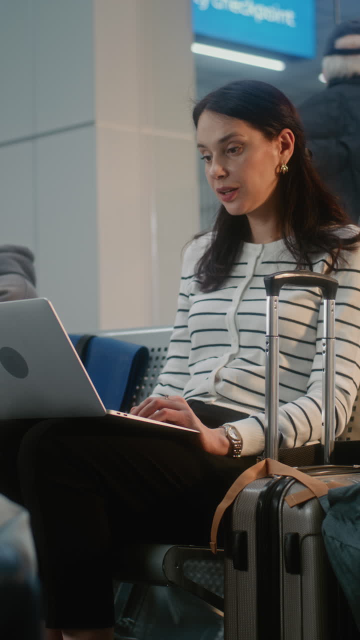 mujer trabajando en una computadora portátil en la sala de espera del aeropuerto