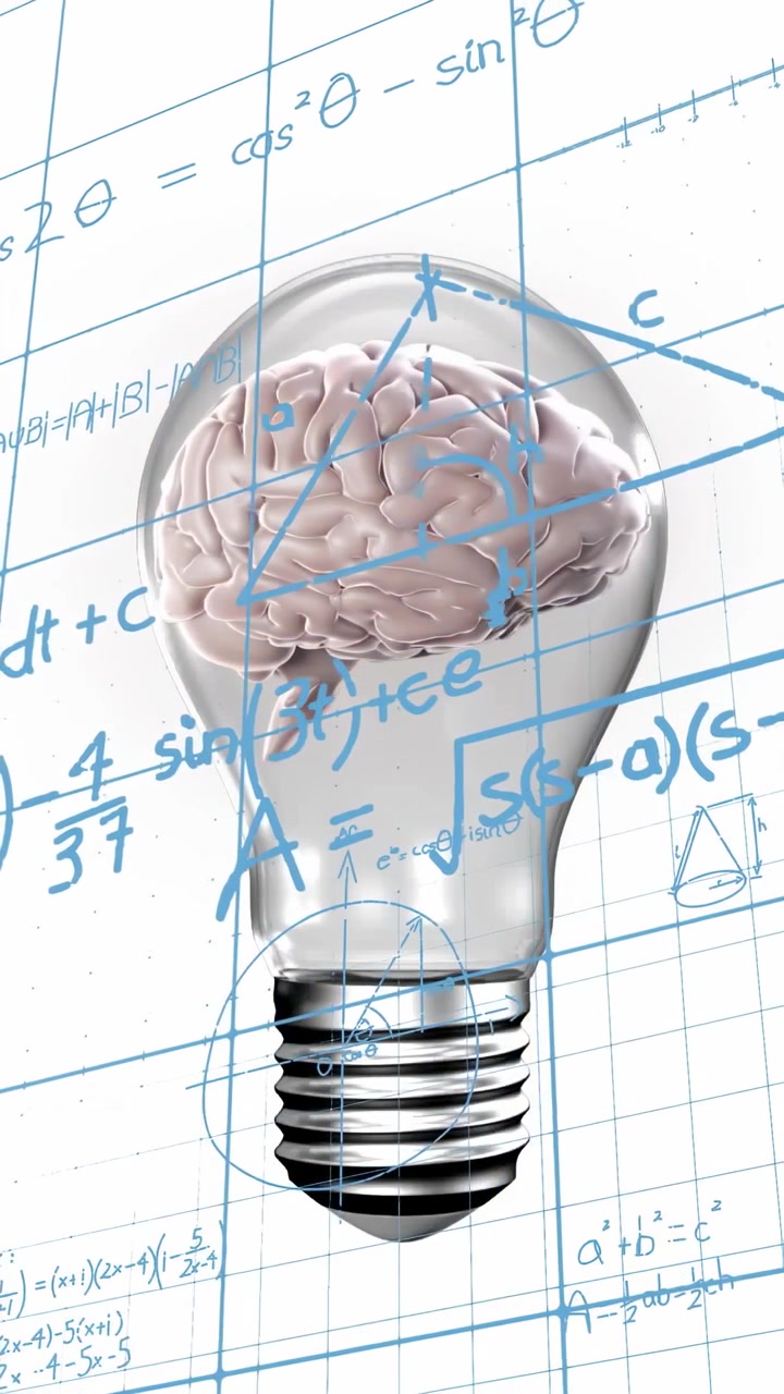 Vertical video: Pan sparking glass bulb brain rotating while math diagrams growing on grid to teach