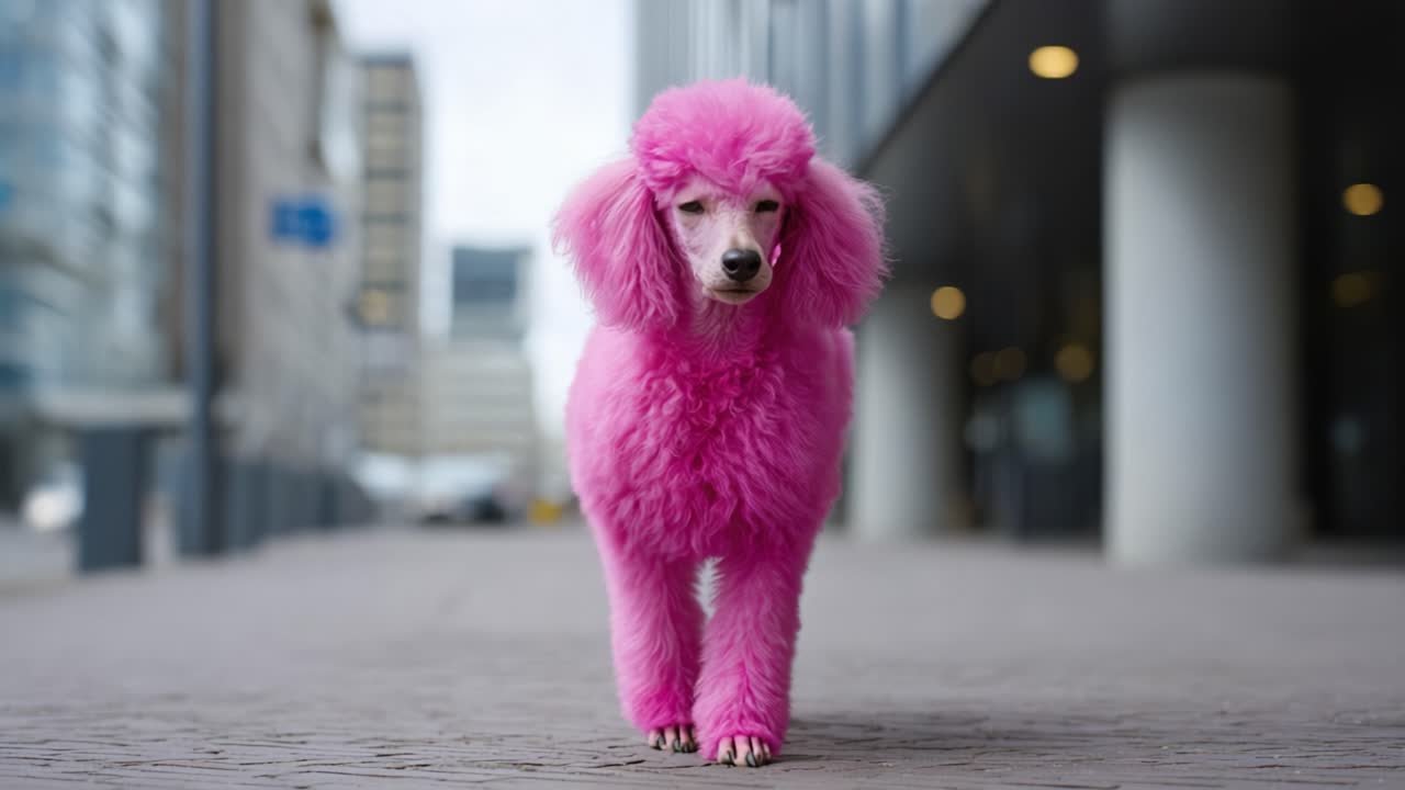 A vibrant pink poodle struts confidently down an urban street, showcasing its fluffy and colorful coat in a stylish display that's sure to turn heads and attract attention