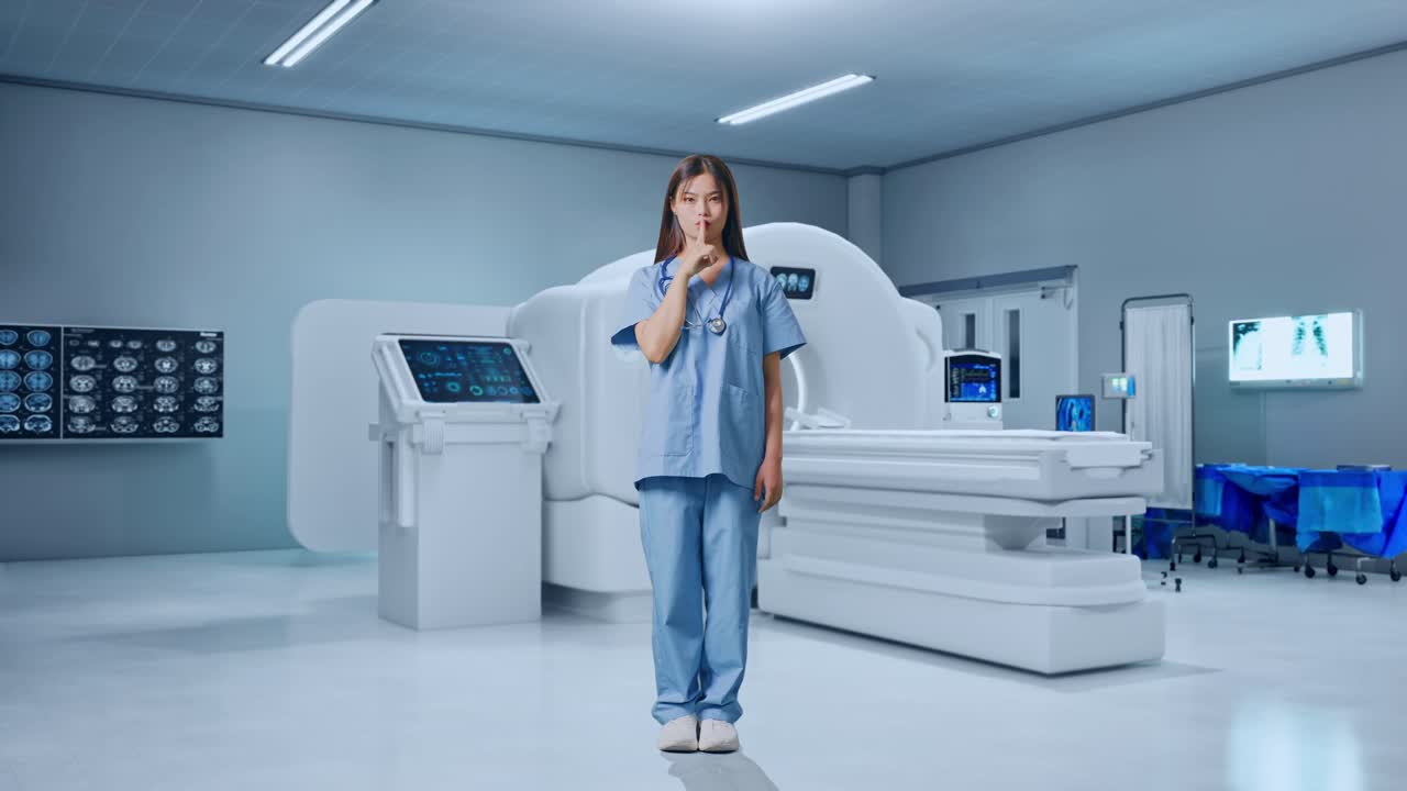 Figura intera di dottoressa asiatica che fa il gesto del silenzio mentre è in piedi accanto a una macchina per la risonanza magnetica