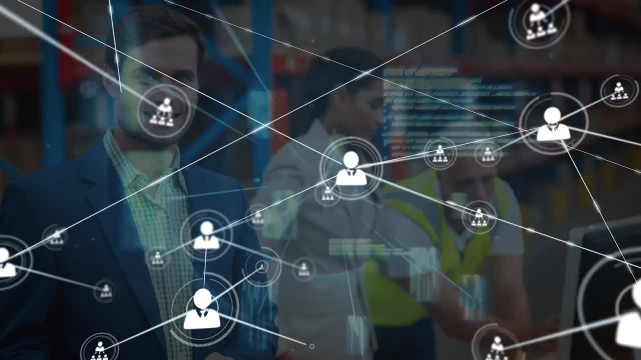 animación de iconos de perfil que conectan puntos, gerente caucásico con colegas en el almacén