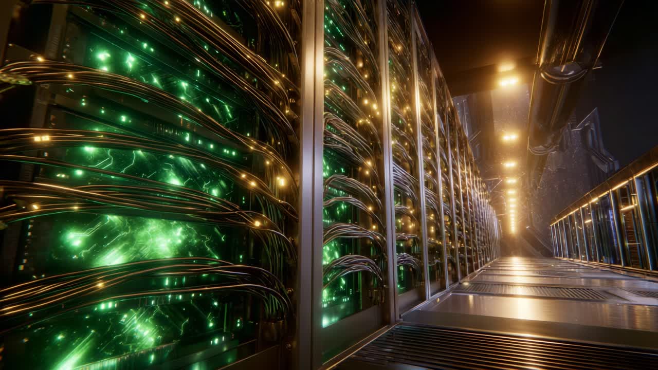 Exploring the Intricate Design of a Cutting-Edge Server Room Filled with Luminous Green Networks and Sophisticated Technology for Enhanced Data Processing