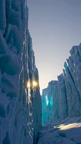 sunlight piercing through a glacier ice crevasse