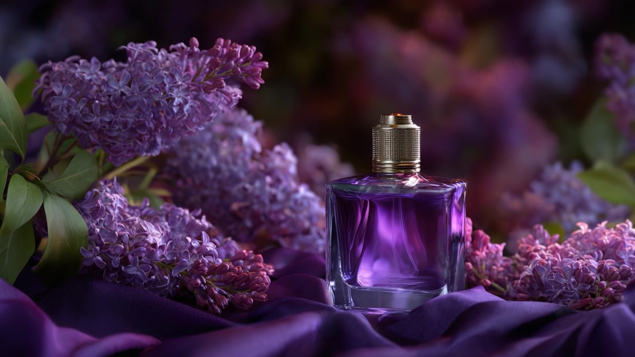 Una bottiglia di profumo splendidamente realizzata circondata da vivaci fiori di lillà, che mostra un'elegante fusione di arte e natura, evidenziando l'essenza della fragranza