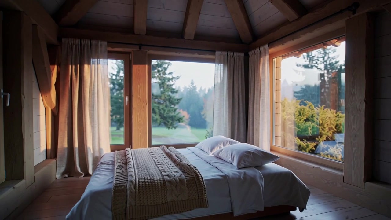 Camera panning showing bed with white sheets, pillows, windows, curtains swaying, sun warming beams