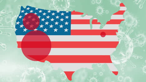 animation of usa map coloured with american flag over coronavirus cells on green background