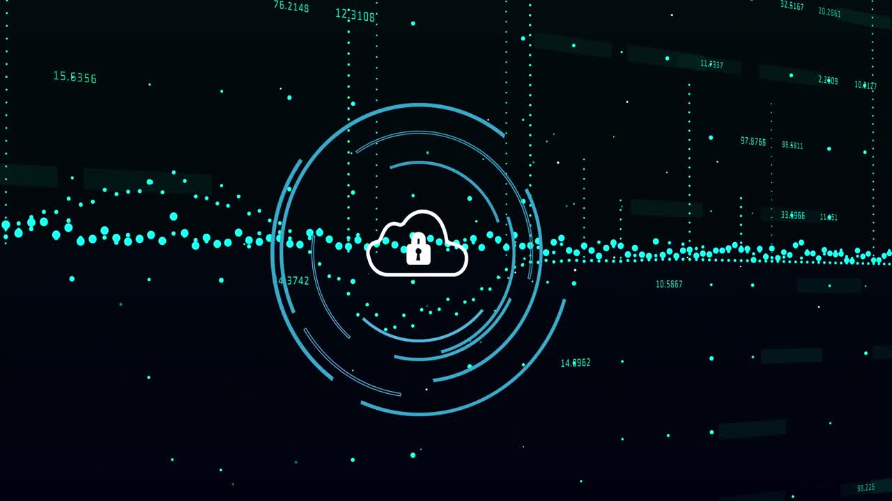 Animation of security padlock and cloud icon and data processing against black background