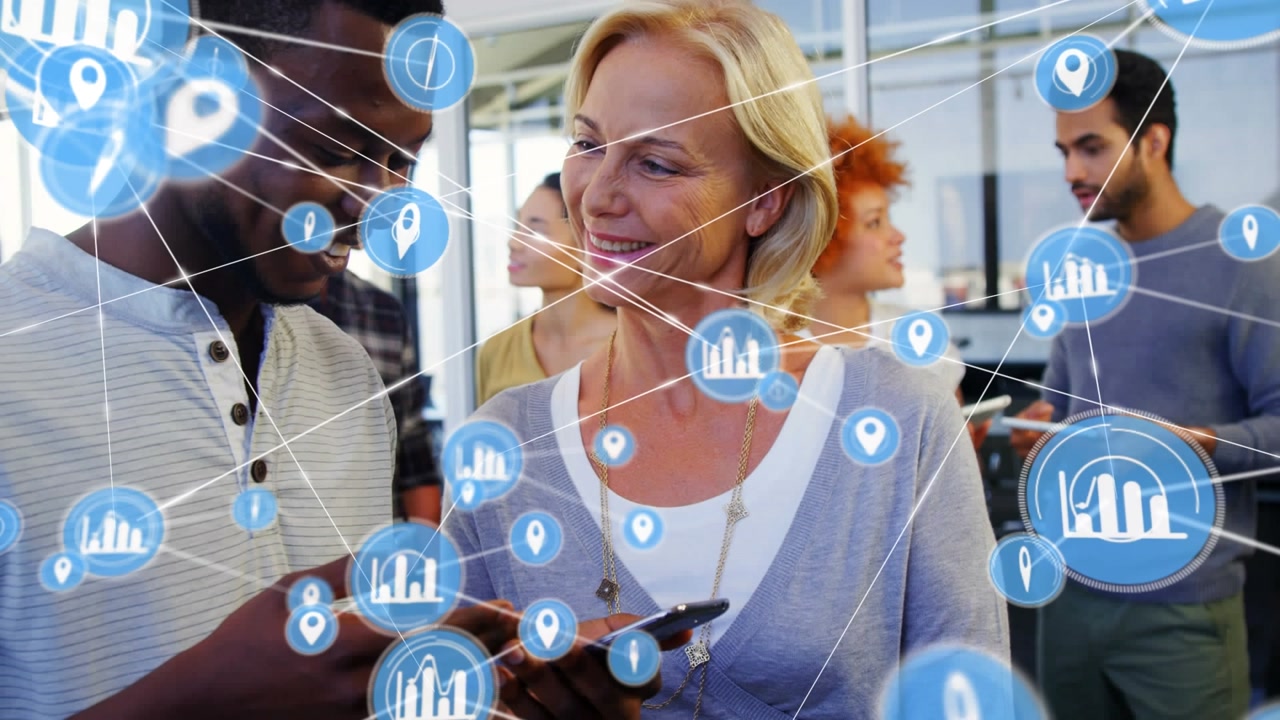 Diverse Business People Interacting with Digital Network and Data in Office