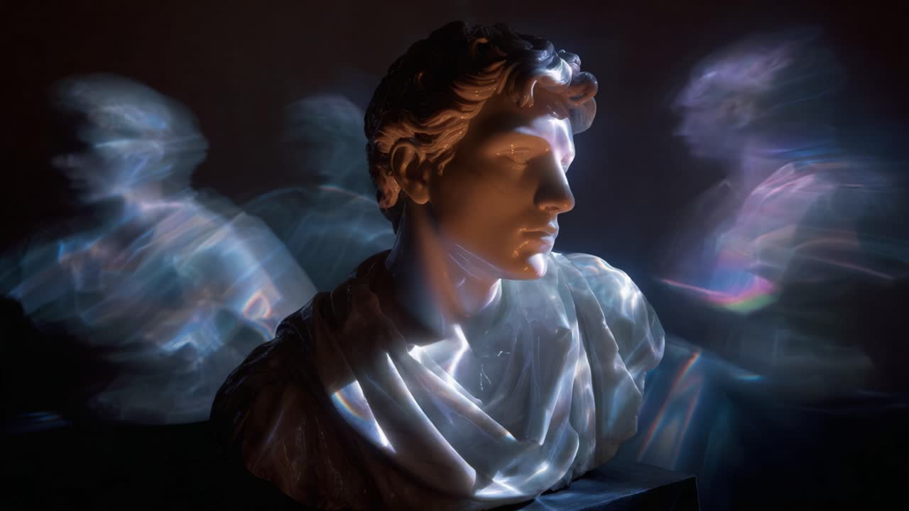 Una rappresentazione scultorea mozzafiato che mette in mostra effetti di movimento e luce, con un busto elegante dai dettagli sorprendenti e immagini artistiche in un ambiente scuro.