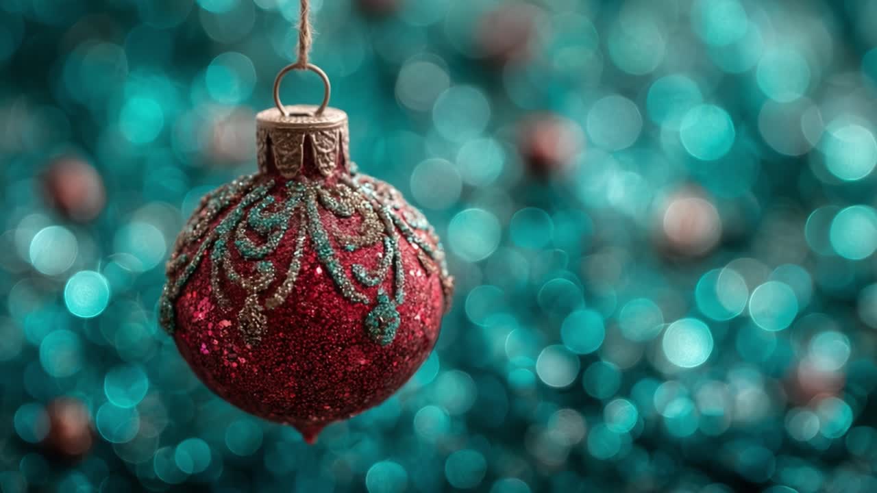 A Beautifully Decorated Red Christmas Ornament Hanging Against a Glittering Teal Background, Perfect for Evoking Holiday Cheer and Festive Spirits in Your Decor
