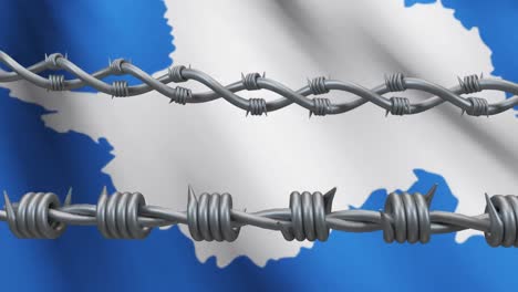 una valla de alambre de púas contra la bandera finlandesa ondeando