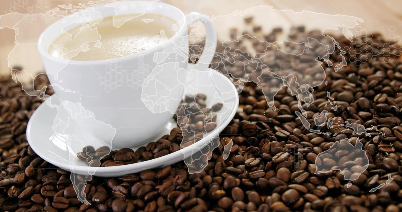 豆の上に世界地図の輪郭が広がり、それが引くとコーヒーカップが現れ、世界的なつながりを表現している。