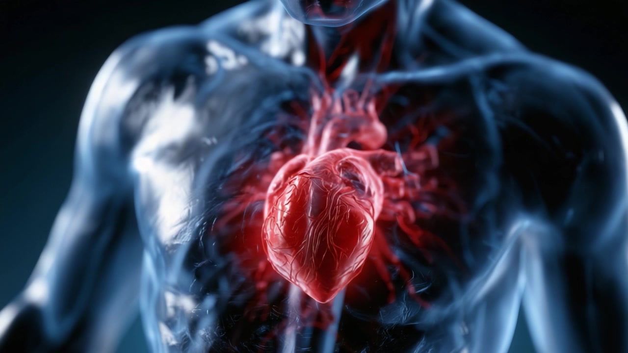 A detailed anatomical depiction of the human heart showcasing blood flow and circulatory system in a visually striking render, emphasizing the importance of cardiovascular health.