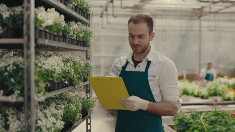 gardener inspecting plants in a greenhouse