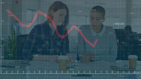 declining stock market graph animation over two businesswomen discussing documents in office