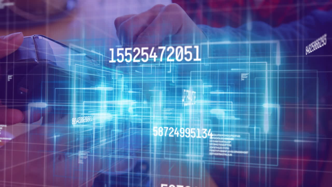 Animation of changing numbers over hands of caucasian man using payment terminal