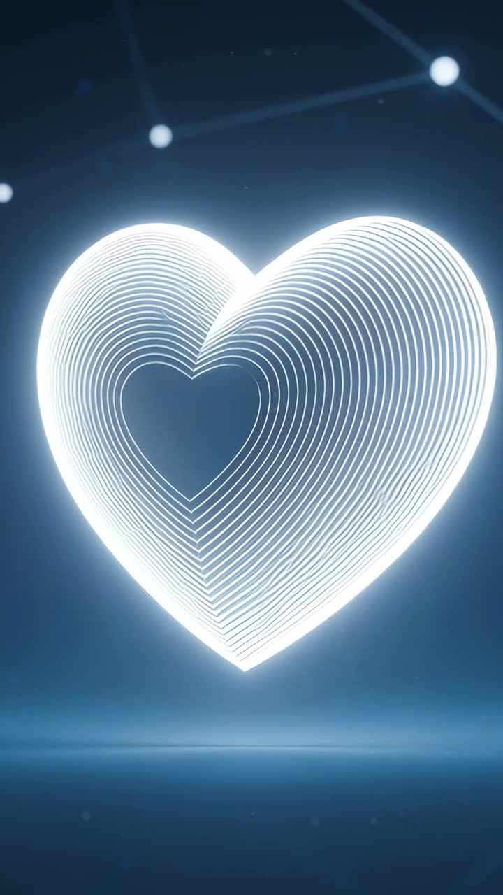 Video verticale: Inizio, cuore concentrico che si inclina a destra in uno studio blu, con riflesso sul pavimento
