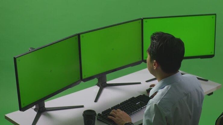 Side View Of Tired Asian Man Stretching While Working With Mock Up Multiple Computer Monitor In Green Screen Studio