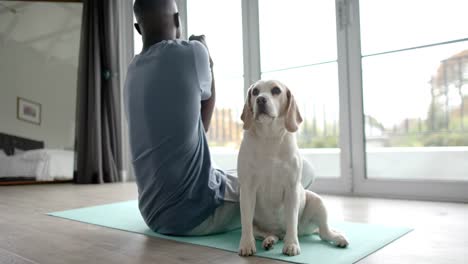 African-american-man-doing-yoga-and-stretching-at-home,-with-his-pet-dog,-slow-motion