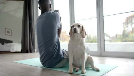 african american man doing yoga and stretching at home, with his pet dog, slow motion