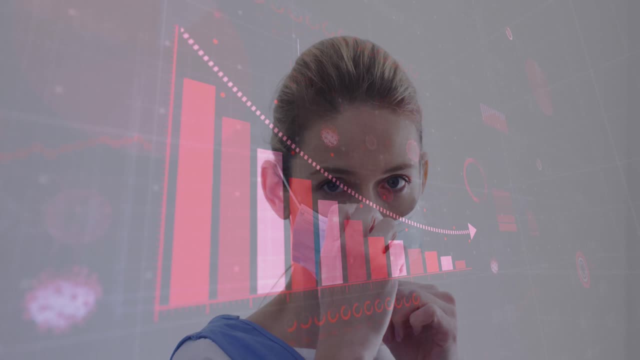 animación del procesamiento de datos sobre una mujer caucásica que lleva una máscara facial