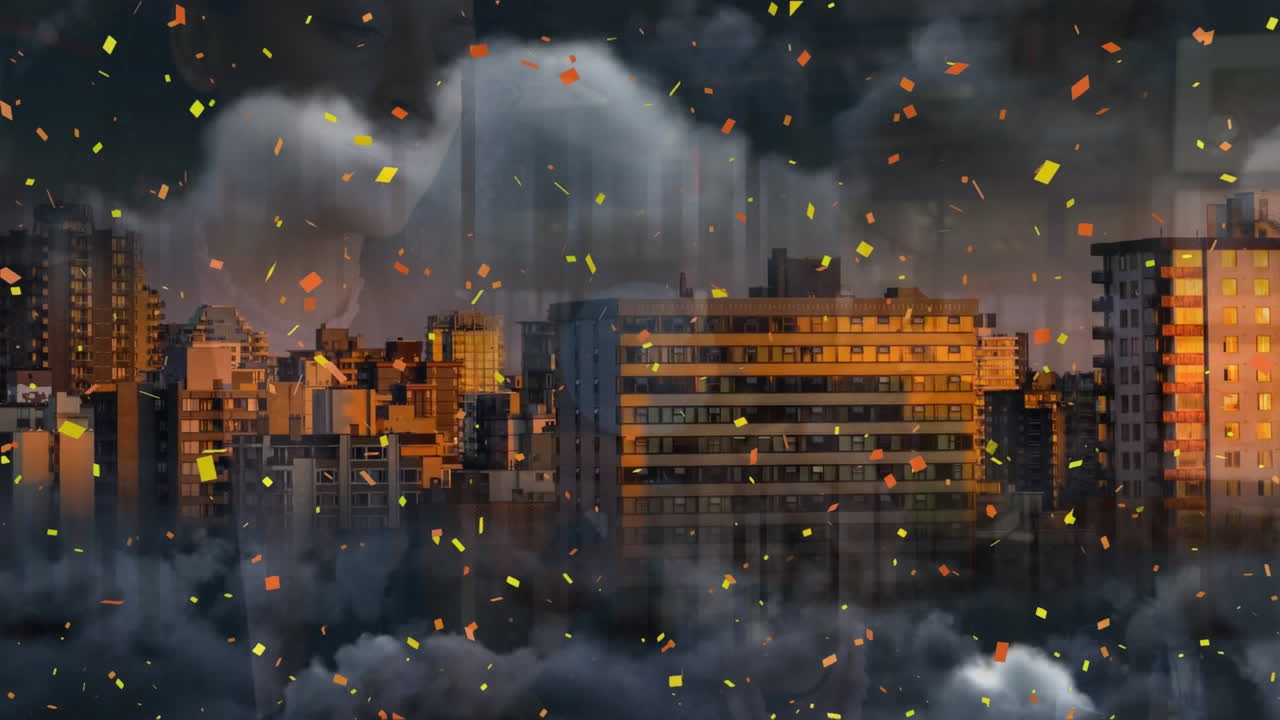 도시 풍경 위의 미디어 아이콘과 연결 네트워크의 애니메이션