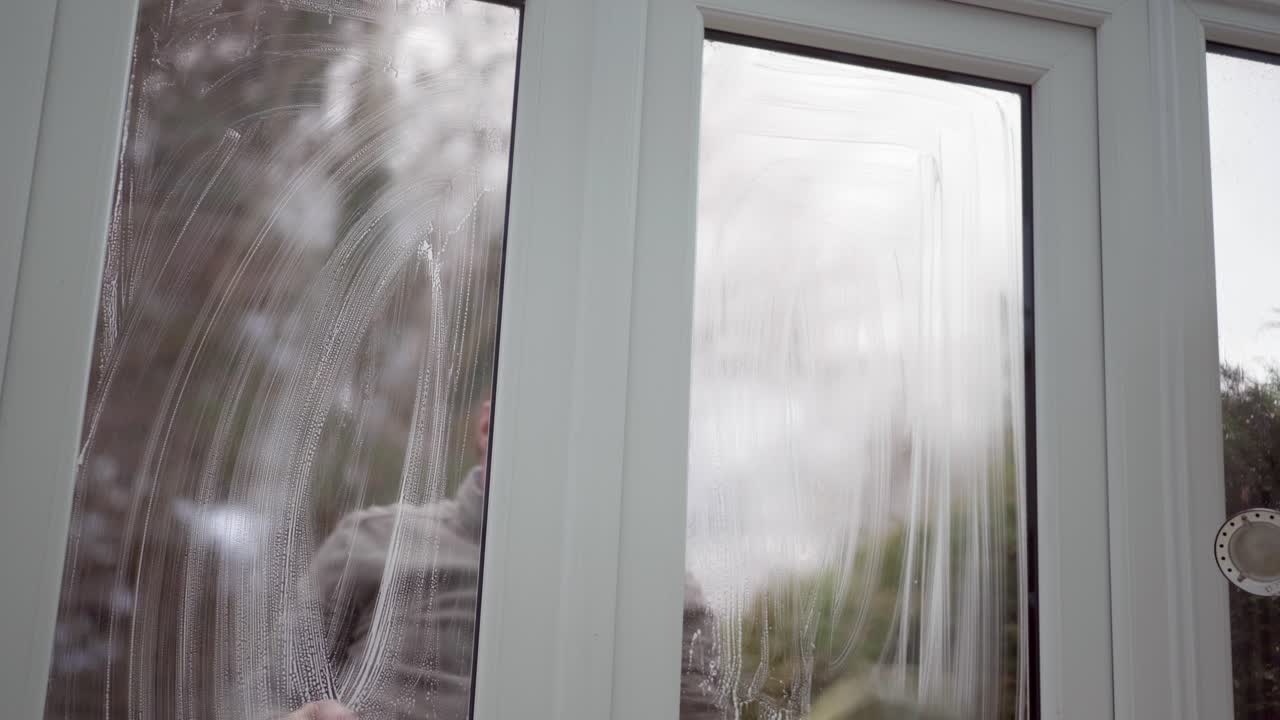 Uomo che lava i doppi vetri in PVC di una veranda con sapone e un panno, con il cielo visibile.