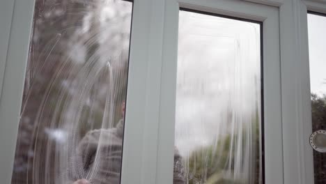 man washing upvc conservatory double windows with soap on a cloth, sky visible