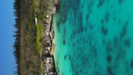 Vertical-aerial-view-over-blue-water,-shoreline-of-Loyalty-islands---reverse,-drone-shot