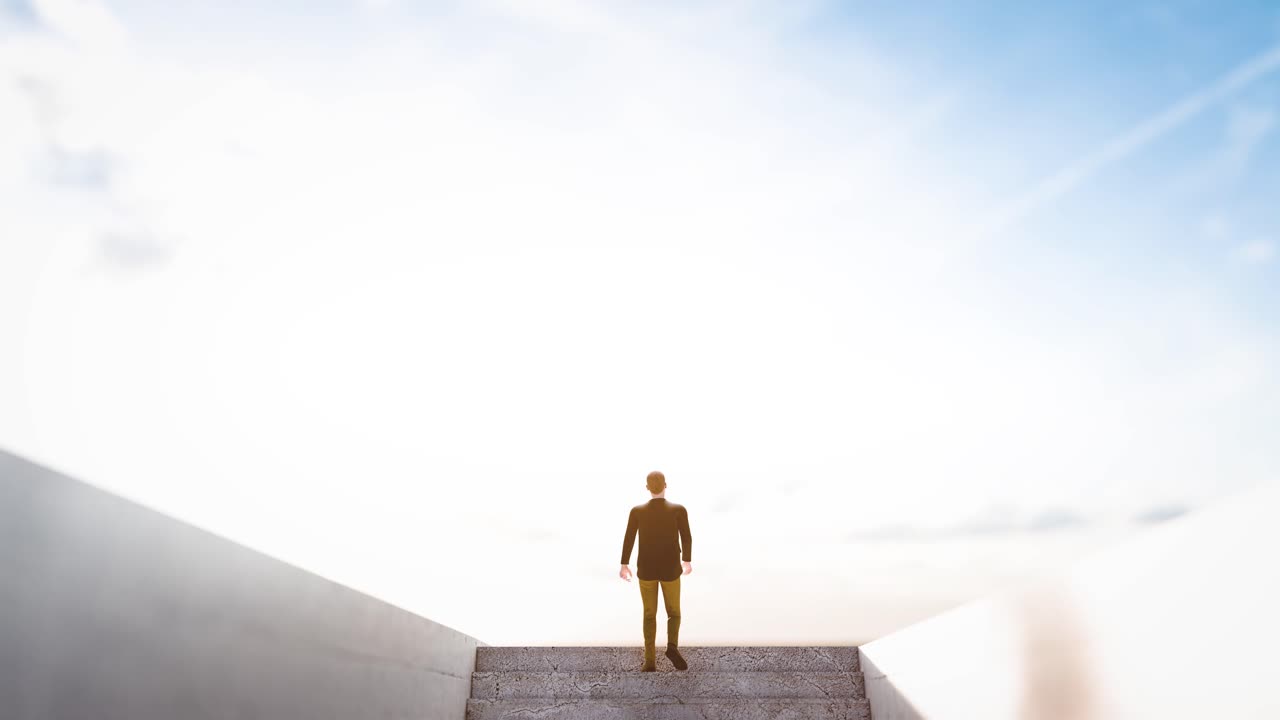 Man Walking Up Concrete Stairs Towards Bright Sky