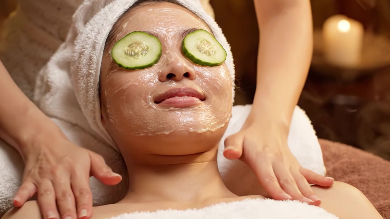 Giornata rilassante alla Spa: Una donna si gode un rinfrescante trattamento viso al cetriolo, abbracciando serenità e ringiovanimento in un ambiente tranquillo