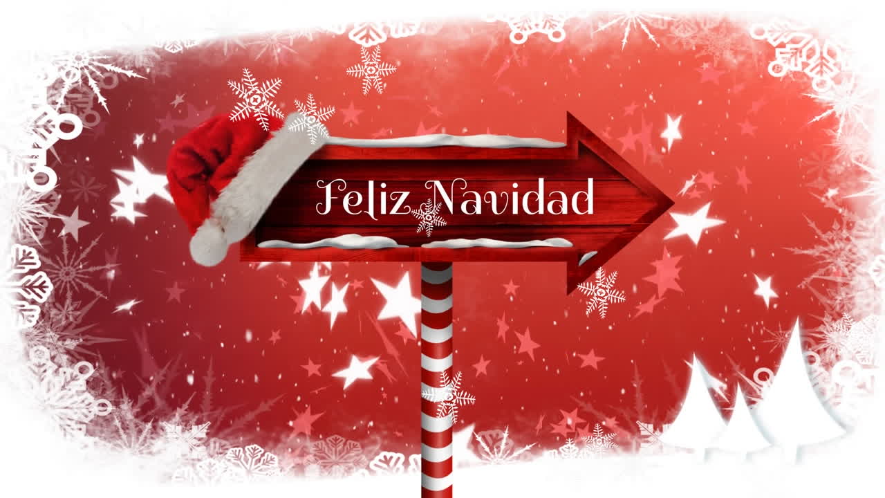 animación de texto de feliz navidad sobre signo rojo y estrellas cayendo sobre fondo rojo