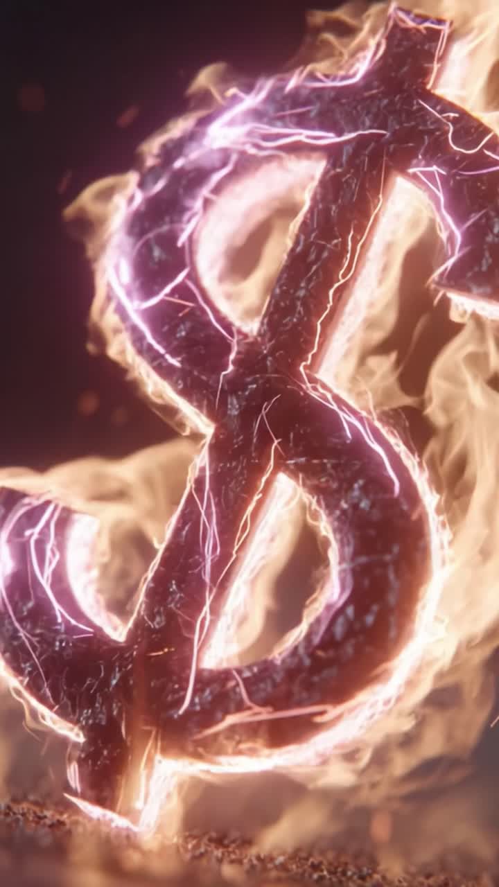 Un simbolo di ricchezza incandescente: il simbolo del dollaro illuminato con energia infuocata e scintille elettriche, che rappresenta la potenza economica e la solidità finanziaria