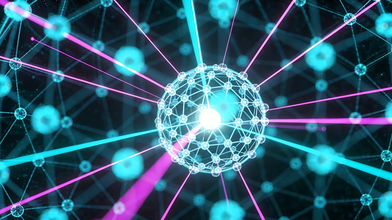 Reticolo centrale che riceve un raggio magenta, illuminando il nucleo e pulsando, inviando un segnale nello spazio buio.
