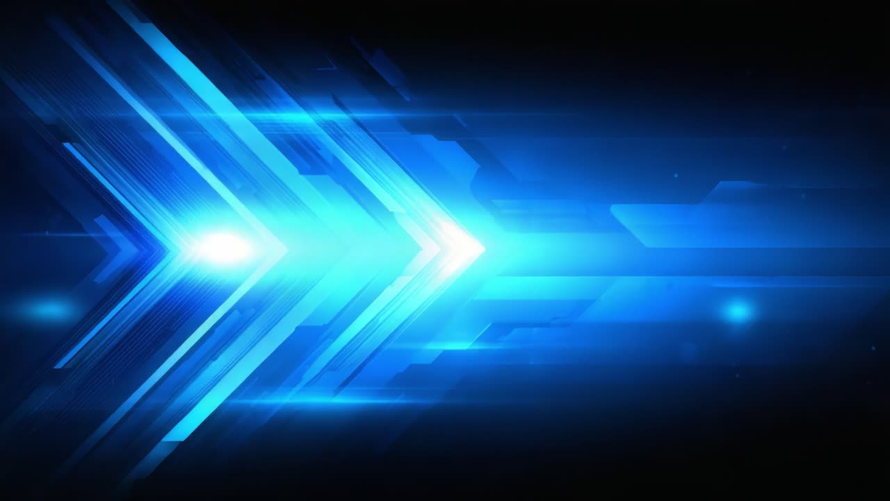 Futuristic Blue Arrows Moving Forward Through a Dark Space, Creating a Dynamic Visual Effect with Light Trails and Pixelated Binary Patterns