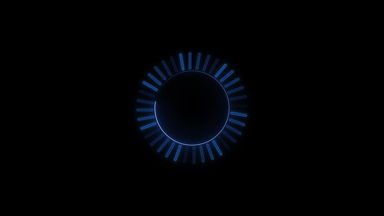 Blue progress loader animation with glowing circular tick marks empty black space and simple waiting