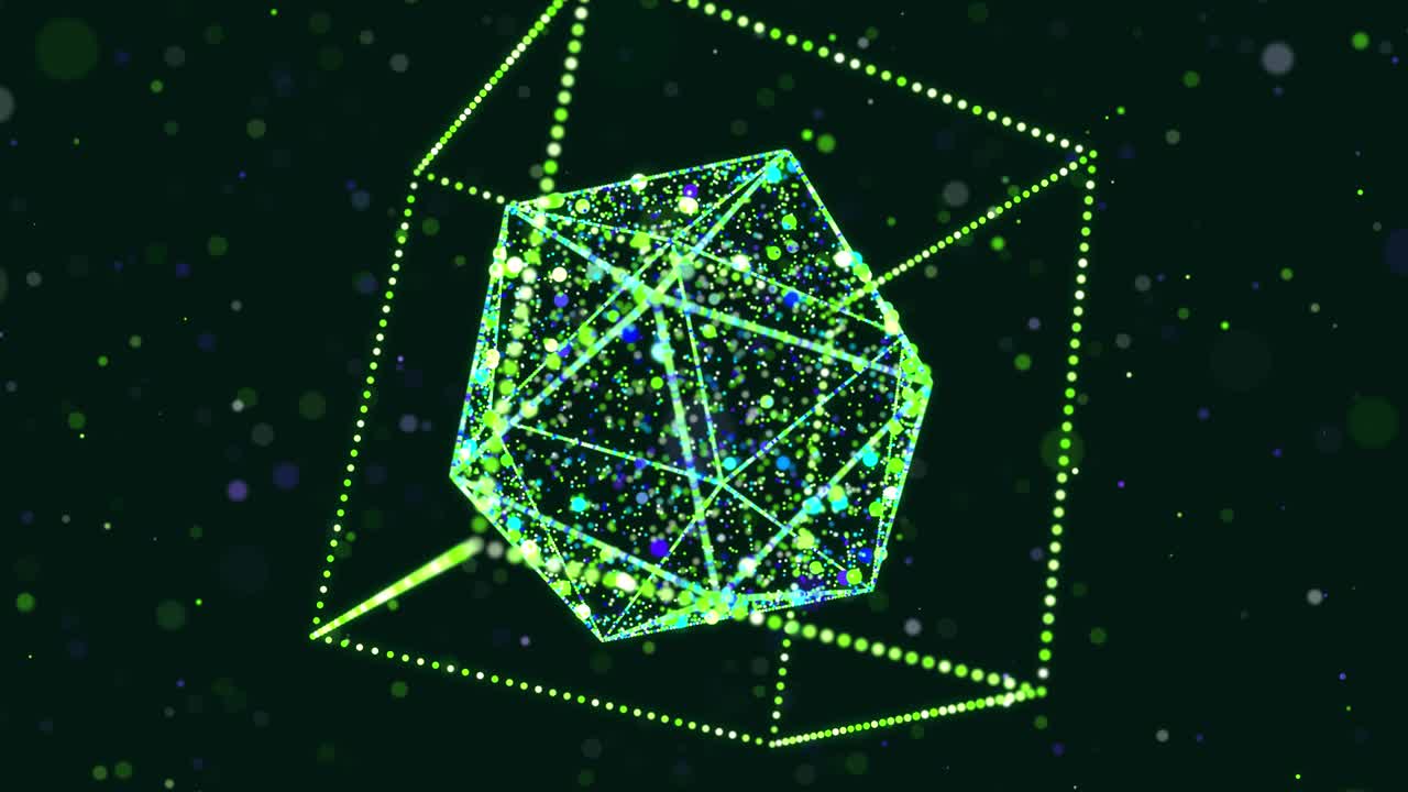 추상적인 빛나는 녹색 입자는 3d 객체를 형성합니다. 큐브. vj 루프는 가상 디지털 공간의 bg입니다. 입자는 빅 데이터, 네트워크 또는 vr 공간의 개념으로 홀로램 모양을 형성합니다. sf 모션 디자인 bg.