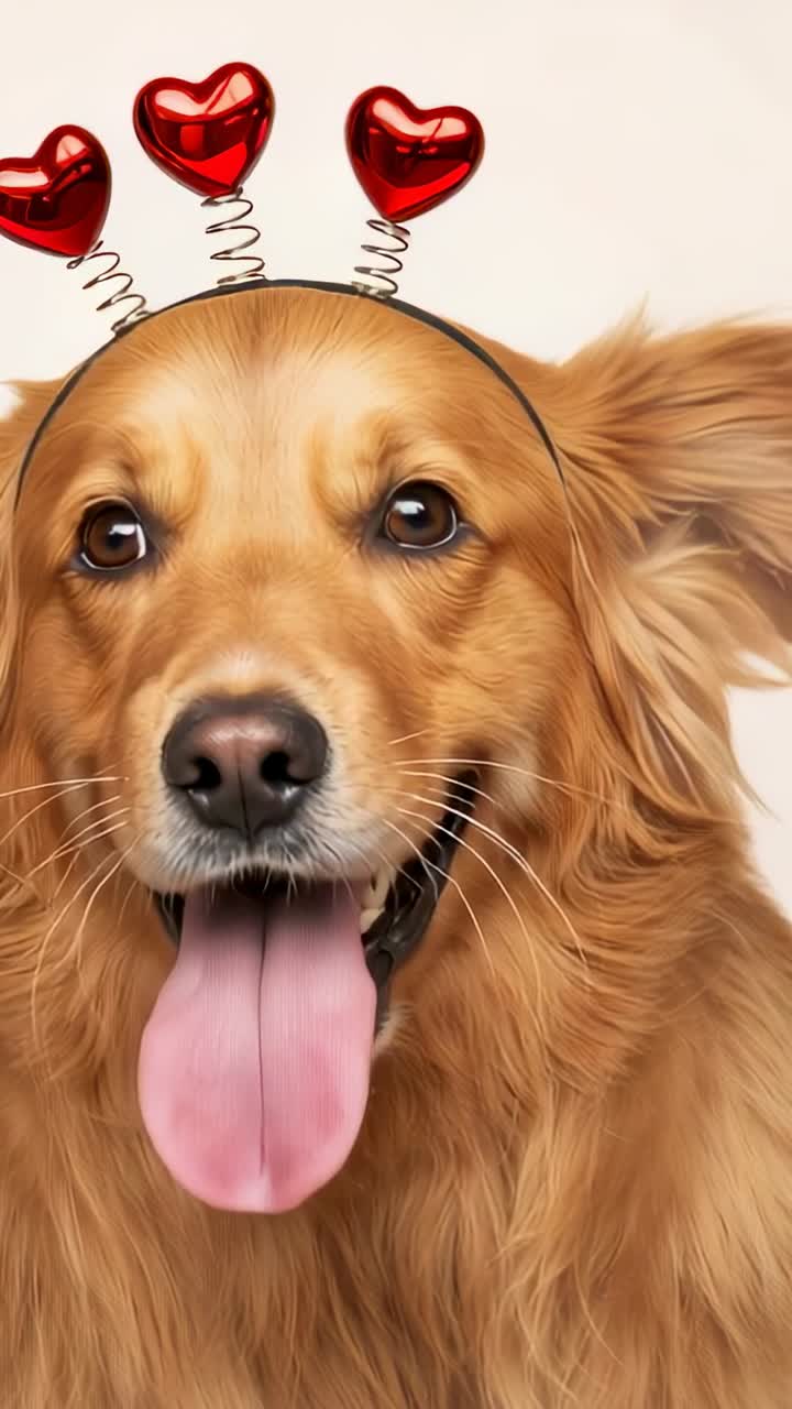 Vídeo vertical: golden retriever sentado sacando la lengua sobre un fondo beige, con una diadema de corazones