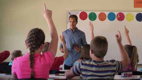 group of kids raising their hands in the class