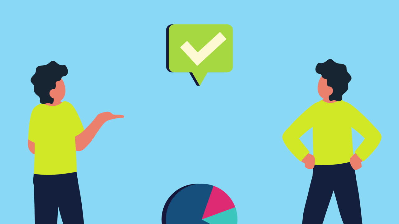 young men with statistics pie animation