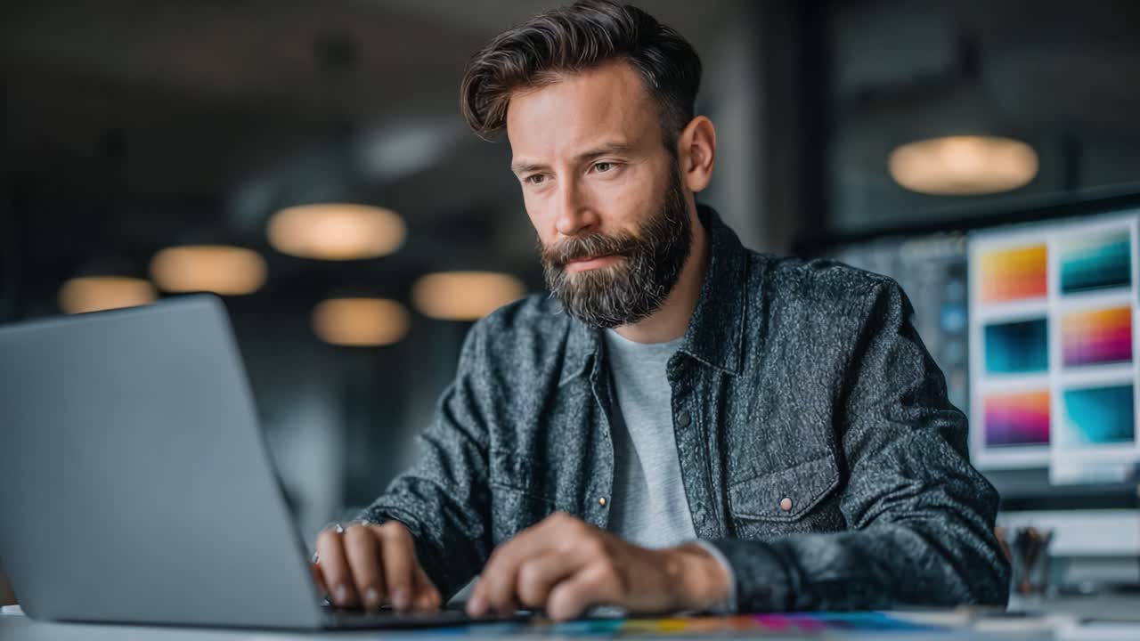 Ein konzentrierter Mann arbeitet fleißig an seinem Laptop in einem modernen Büroraum und zeigt Kreativität und Konzentration, umgeben von farbenfrohen Designmaterialien