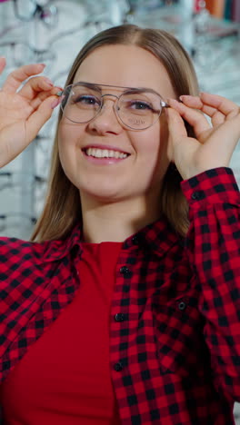 portrait of a happy woman trying on trendy eyeglasses. smiling female buyer choosing new glasses and posing on camera in optic store. vertical video